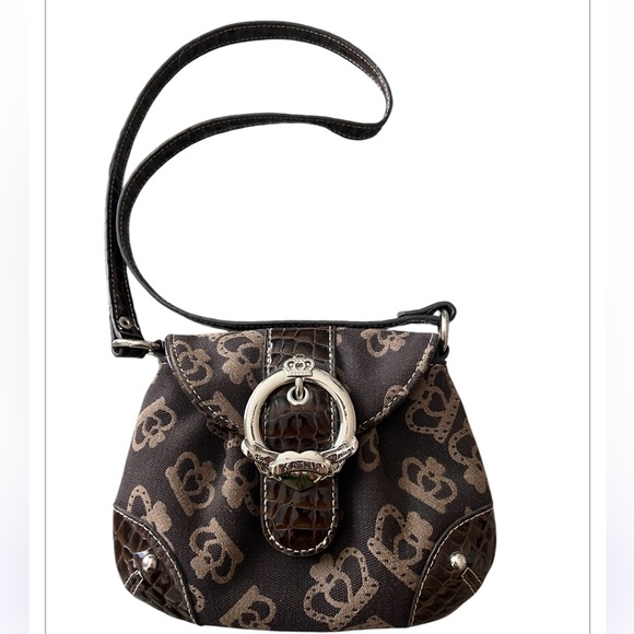 Kathy Van Zeeland small canvas brown & tan crossbody purse with a crown design - Picture 1 of 8